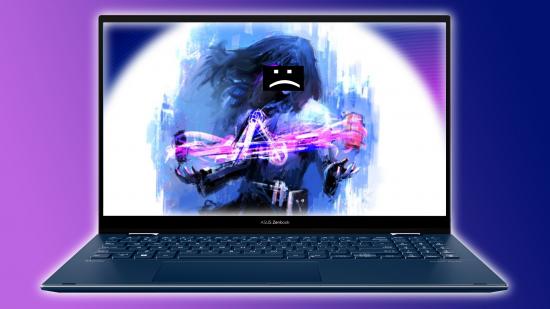 Intel Arc Alchemist laptop with mascot on screen with sad text face