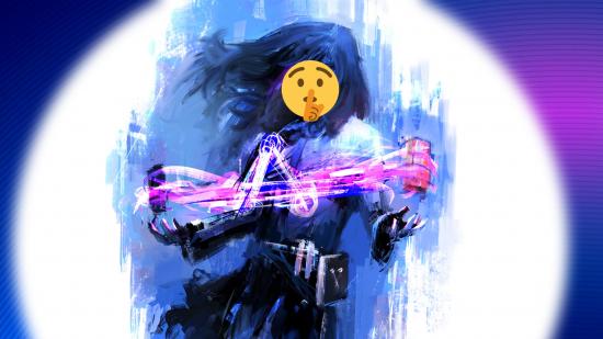 Intel Arc Alchemist mascot with hush emoji over face