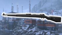 Kar98k loadout: a world war 2 era rifle atop a blurred background.