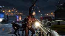 Killing Floor 2 free on Epic: A skinless zombie menaces a player who is blasting it with an assault rifle.