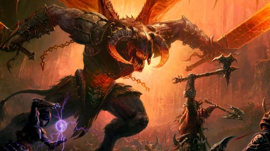 Diablo Immortal Hidden Lairs: Concept art of a Barbarian swinging his axe and a Wizard summoning a ball of purple energy as an enormous demon with wings and gothic armor bears down upon them.