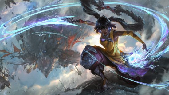 League of Legends Nilah abilities: Dark-haired Nilah slashes her watery sword as airships collide with a demon in the sky behind her.