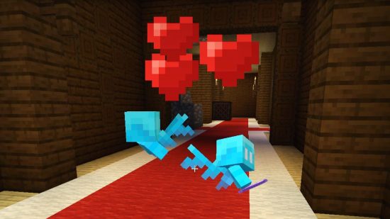 Как да отглеждаме Minecraft Allay: Две алея със сърца, които се появяват над главите им, след като се проведе дублиране