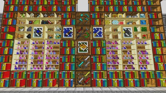 Beste Minecraft -mods - In Bibliocraft is hier een reeks planken gevuld met boeken, pantser en wapens