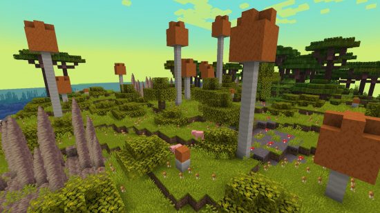 Os melhores mods do Minecraft - no mod Biomes O'Plenty, há um bioma Fungal Jungle cheio de cogumelos laranja.