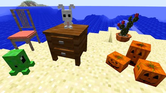 Лучшие моды Minecraft: предметы Decocraft, тыквы, стул, стол, игрушки и кактус.