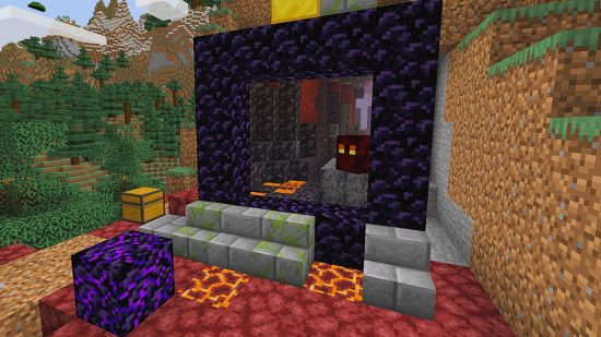 Best Minecraft mods - a Nether portal in the overworld, showing a basalt delta and magma cubes on the other side.