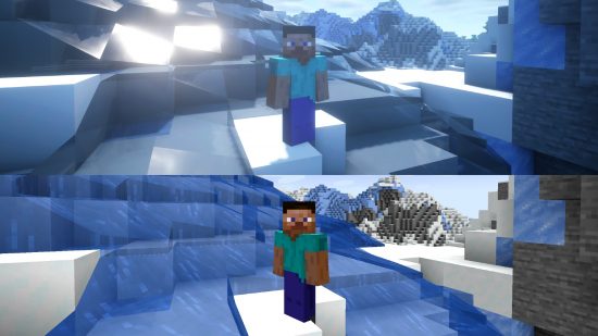 Best Minecraft mods - the same snowy landscape with Optifine on and off, showing clear water and reflected sunlight.