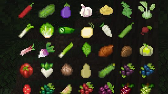 Best Minecraft mods - an assortment of fruit and vegetables in Pam's Harvestcraft 2 UI, list of crops.