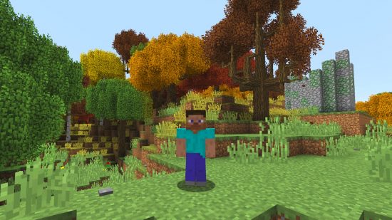 Beste Minecraft Mod Rlcraft: Steve staat voor nieuw biome, gevuld met oranje, rode en bruine bomen, met een bemoste geplaveide structuur op de achtergrond