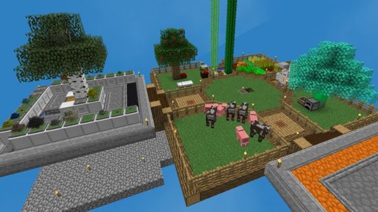 Best Minecraft mods - in SkyFactory 4, a floating landscape featuring different farms and trees.