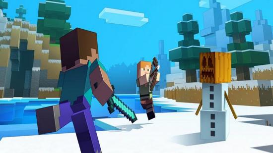 Two Minecraft players fight in the snow with a snowman nearby