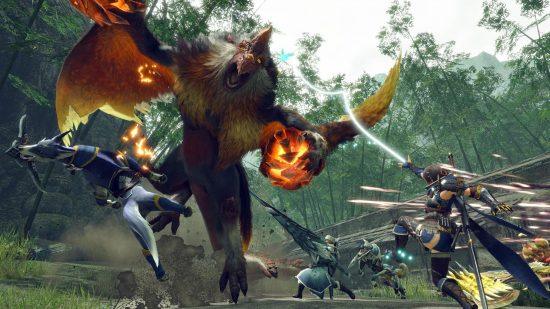 Monster Hunter Rise patch: A massive winged monster covered in orange fur screams as hunters attack, accompanied by cat and dog warriors