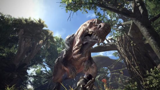 Monster Hunter: World screenshot showing a dinosaur-like monster about to eat a man.