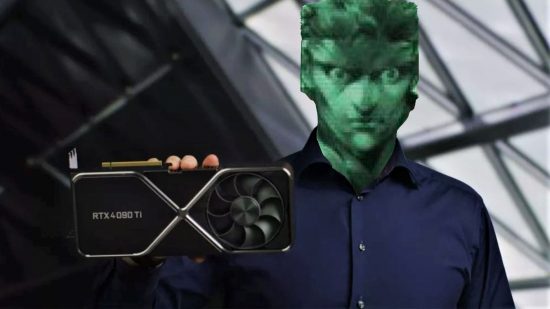 Mocup of Solid Snake z Metal Gear Solid Holding Nvidia RTX 4090 Ti