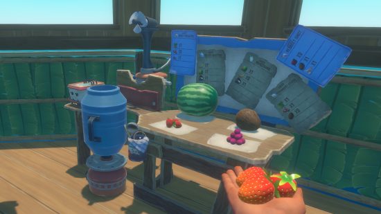 Raft Juicer recipes: A Juicer crafting station inside a base with a watermelon on top and strawberries in the player's hand