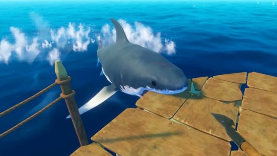 Raft player count - a shark munches on the side of a large wooden raft