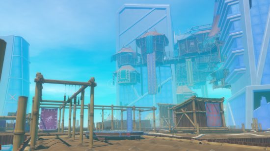 Raft Utopia walkthrough: a view of the city from a dock