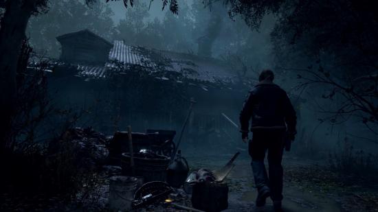 Resident Evil 4 remake release date: Leon Kennedy approaches a spooky cabin in a dark forest