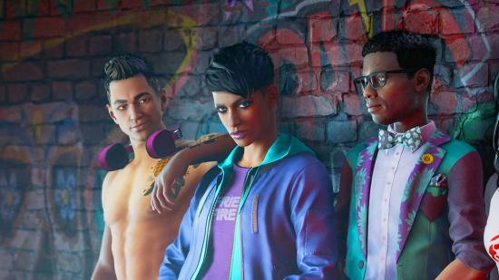 Saints Row system requirements: topless character on left with short hair, character with fringe and purple hoodie centre, and character with glasses, suit and bow tie on right