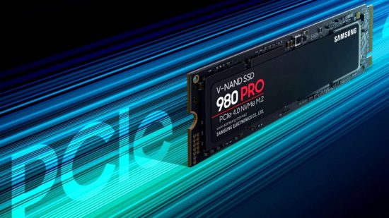 A Samsung NVMe SSD, the 980 Pro, against streaks of blue