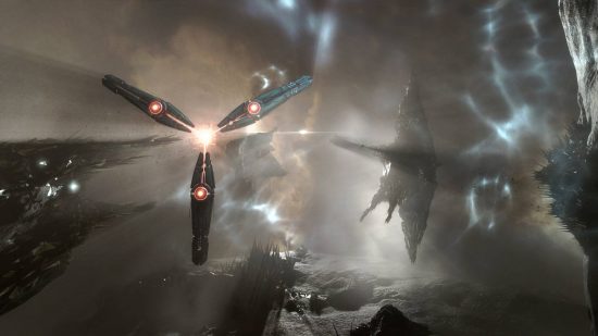 Best single-player MMOs: Futuristic ships fly through space, avoiding planets and asteroids in Eve Online.
