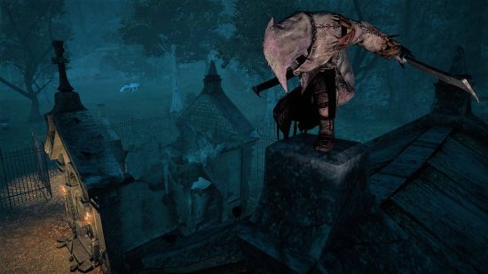 Best single-player MMOs: A cloaked figure is crouched on the rooftop of a house in the dead of night, two swords held in both hands in Secret World Legends.