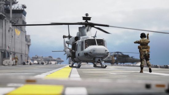 Squad 3.0 update: Marines prepare to lift off from the deck of an aircraft carrier in a grey-painted helicopter