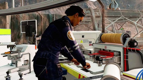 Starfield base building: A female spacefarer using a workbench in a space base