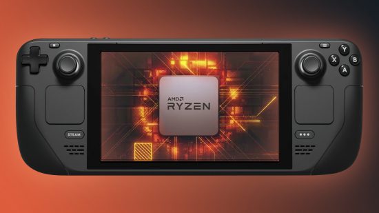 Steam Deck with AMD Ryzen graphic on screen