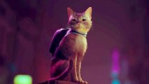 Stray system requirements: cat from game sitting with city backdrop