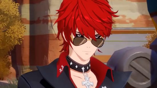 Tower of Fantasy release date: Red-haired King peers over a pair of aviator sunglasses, wearing a red-accented leather trench coat and choker