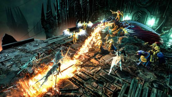 Best Warhammer games: a dragon breathes flames on some wraiths in Age of Sigmar: Storm Ground
