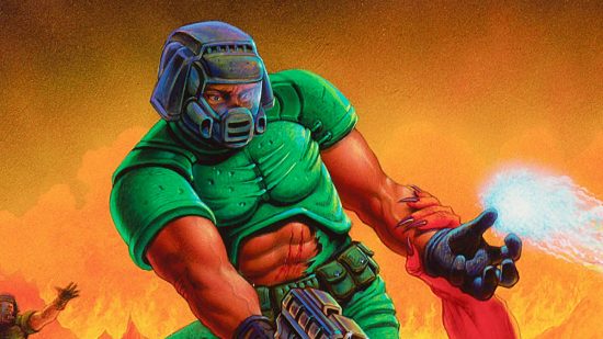 Original Doom artwork featuring Doom slayer with clawed hand with orange backdrop