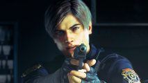 Leon from RE2 pointing his gun at a zombie