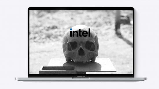 An Apple Mac features a skull on screen with the Intel logo sitting across the top
