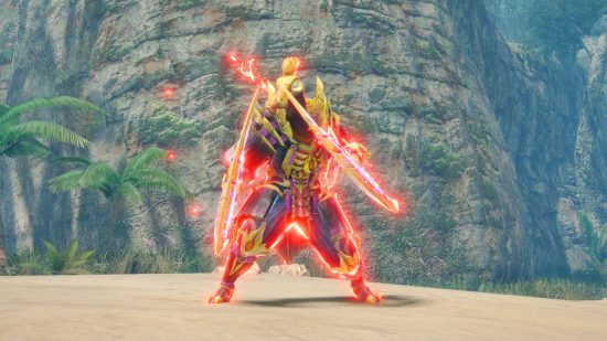Best Monster Hunter Rise Sunbreak Dual Blades build: a hunter standing with his blades drawn and Demon Mode activated in front of a cliff on a sandy beach.