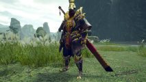 Best Monster Hunter Rise Sunbreak Longsword build: a hunter wearing layered armour with a Gargwa helmet and a Longsword strapped to his back.