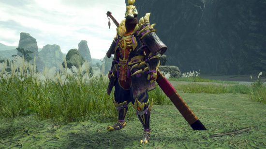 Best Monster Hunter Rise Sunbreak Longsword build: a hunter wearing layered armour with a Gargwa helmet and a Longsword strapped to his back.