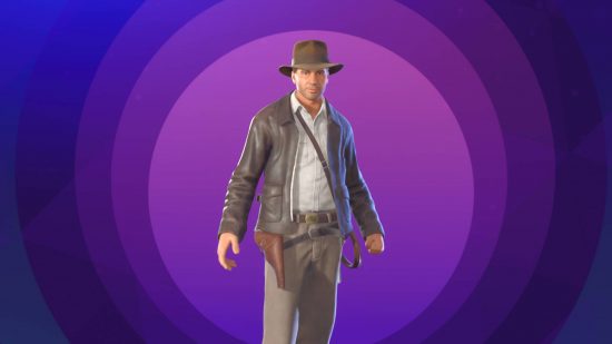 Fortnite Indiana Jones: Indiana Jones standing in front of a purple background. He is wearing his iconic hat and leather jacket adventuring gear.