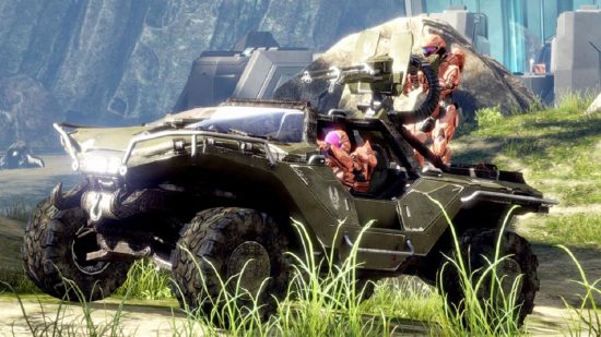 Halo Forge: a group of heavily armored soldiers riding atop a military vehicle.