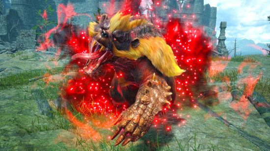 Monster Hunter Rise Sunbreak afflicted materials: an Arzuros, which is a cross between a badger and a bear, that is affected by disease as shown by a red aura.