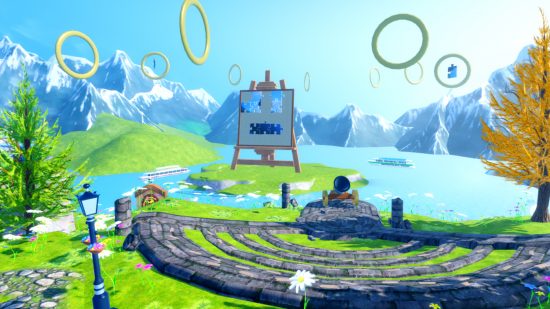 A scene in the George Ezra Gold Rush Experience showing a puzzle board and a series of rings in the air over a scenic background.