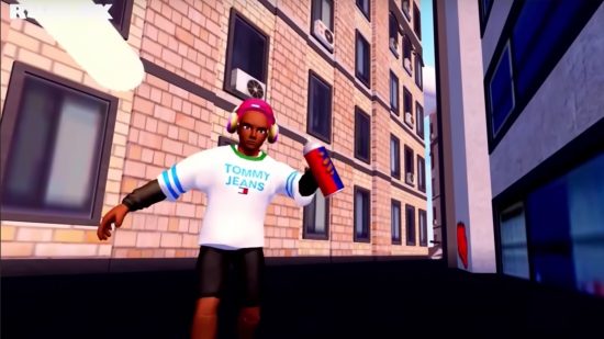 A Roblox avatar in a Tommy Hilfiger shirt holds a can of spray paint.