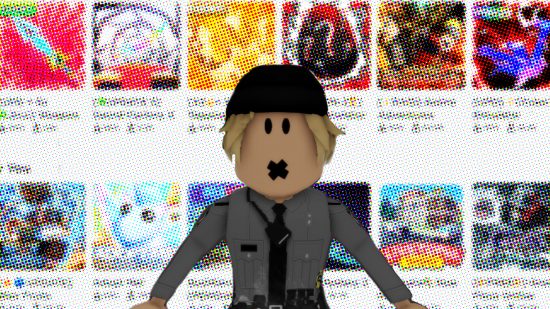 A Robloxian in a military uniform stands in front of a blurred-out Roblox storefront.