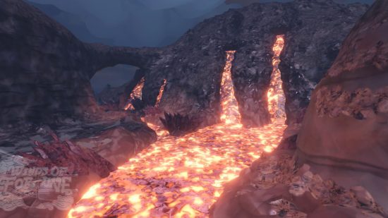 Roblox upgraded materials: Glowing orange and yellow lava flows from a volcanic vent