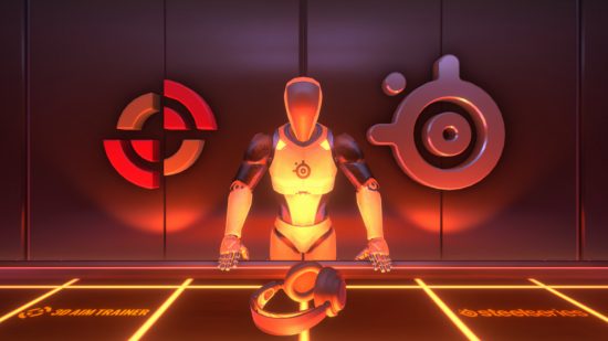 SteelSeries mannequin stands between the SteelSeries logo and 3D Aim Trainer logo