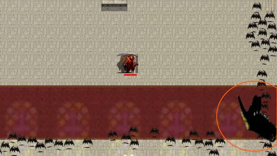 Vampire Survivors Enderbaas - de speler is net begonnen met rennen en tussen de zwermende vleermuizen bevindt zich een knappende gele hand in de rechter benedenhoek die wordt omgeven door oranje.