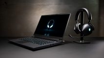 The Alienware m17 R5 gaming laptop with a 480Hz screen sits adjacent to a gaming headset