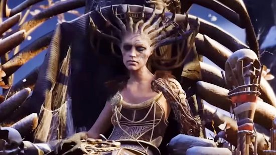 Assassin's Creed Valhalla Forgotten Saga DLC - Hel, the queen of the dead, sitting in a throne of bone and skulls